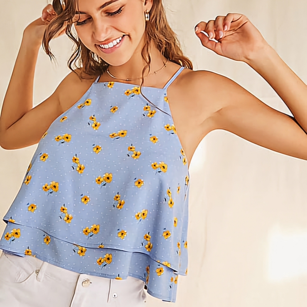 Forever 21 Layered Flowy Cami Top in Blue Floral Polka Dot Size S